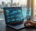 Professional digital marketing scene with laptop on desk displaying AI link building dashboard over Miami map
