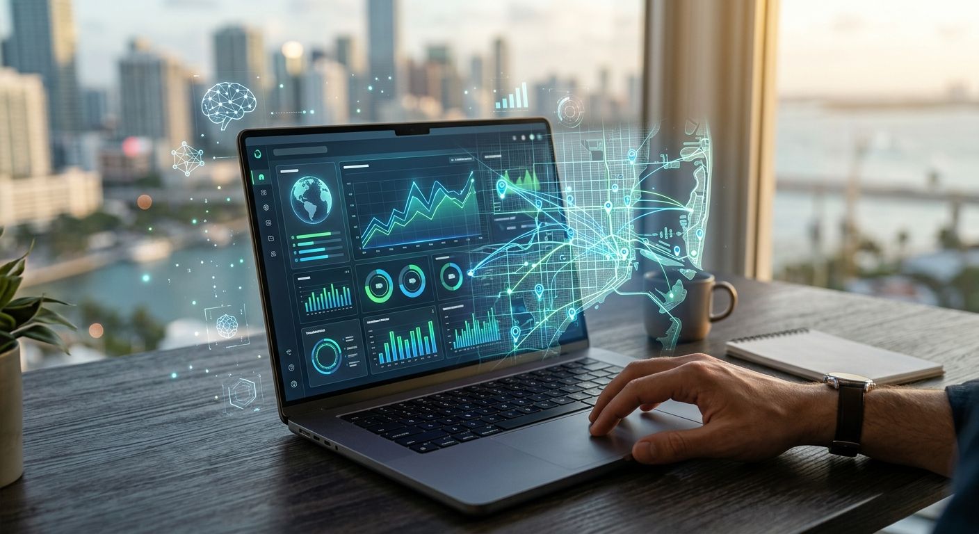 Professional digital marketing scene with laptop on desk displaying AI link building dashboard over Miami map