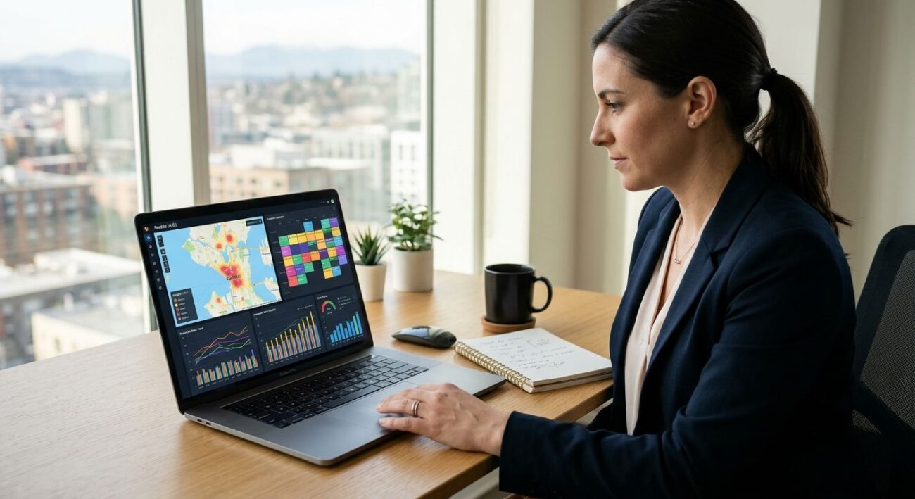 Business owner working on AI-powered SEO dashboard with map overlay and content calendar at a modern desk