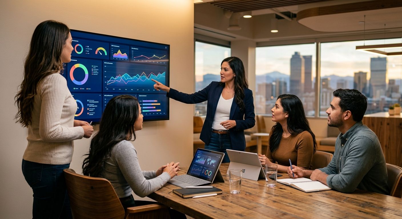 Marketing team collaborating around a large screen with SEO dashboards in a Denver office, city skyline visible through windows.