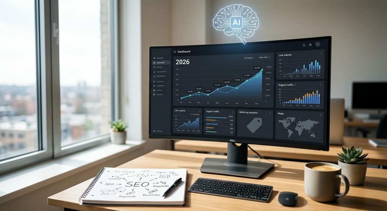 Bright office desk with monitor displaying link building analytics dashboard, graph labeled 2026, price tag icon, AI circuit icon floating above, notepad with SEO notes, and coffee cup in natural daylight.