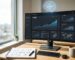 Bright office desk with monitor displaying link building analytics dashboard, graph labeled 2026, price tag icon, AI circuit icon floating above, notepad with SEO notes, and coffee cup in natural daylight.