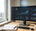 Bright office desk with monitor displaying link building analytics dashboard, graph labeled 2026, price tag icon, AI circuit icon floating above, notepad with SEO notes, and coffee cup in natural daylight.