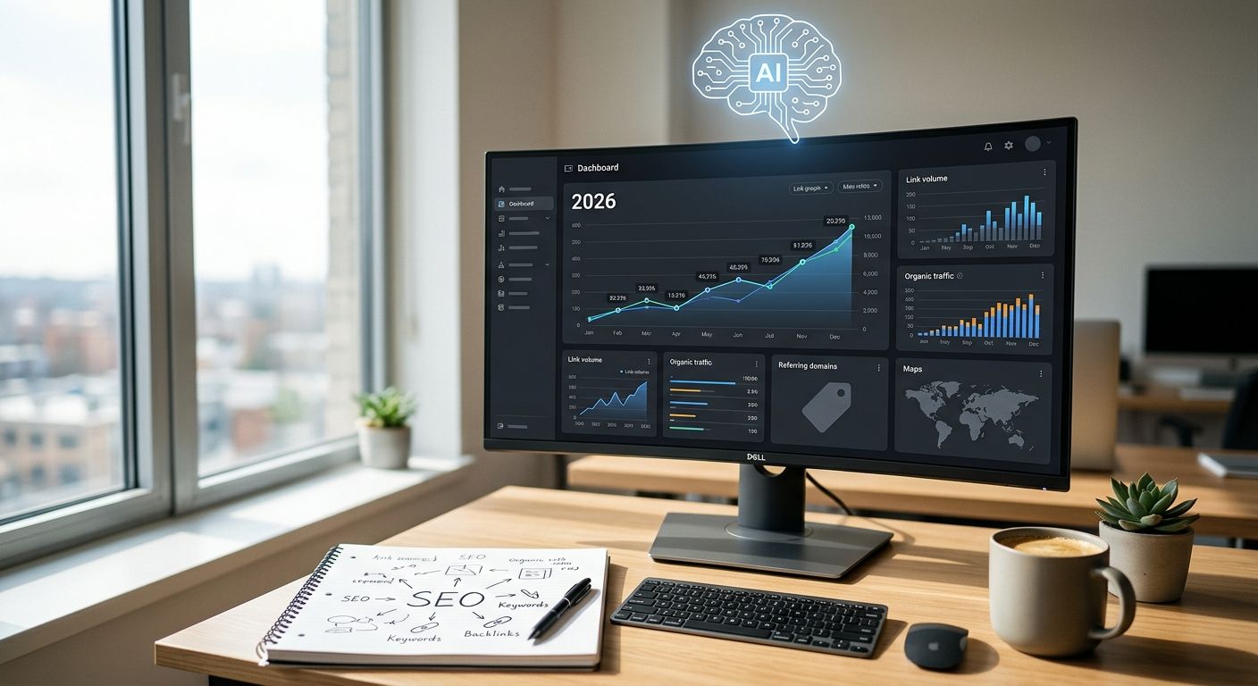 Bright office desk with monitor displaying link building analytics dashboard, graph labeled 2026, price tag icon, AI circuit icon floating above, notepad with SEO notes, and coffee cup in natural daylight.