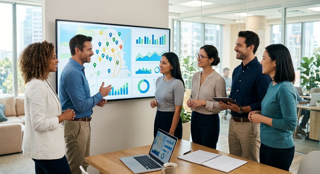 Diverse marketing team in a bright modern office gathered around a large screen showing a map with pins and SEO graphs for local client strategy