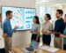 Diverse marketing team in a bright modern office gathered around a large screen showing a map with pins and SEO graphs for local client strategy