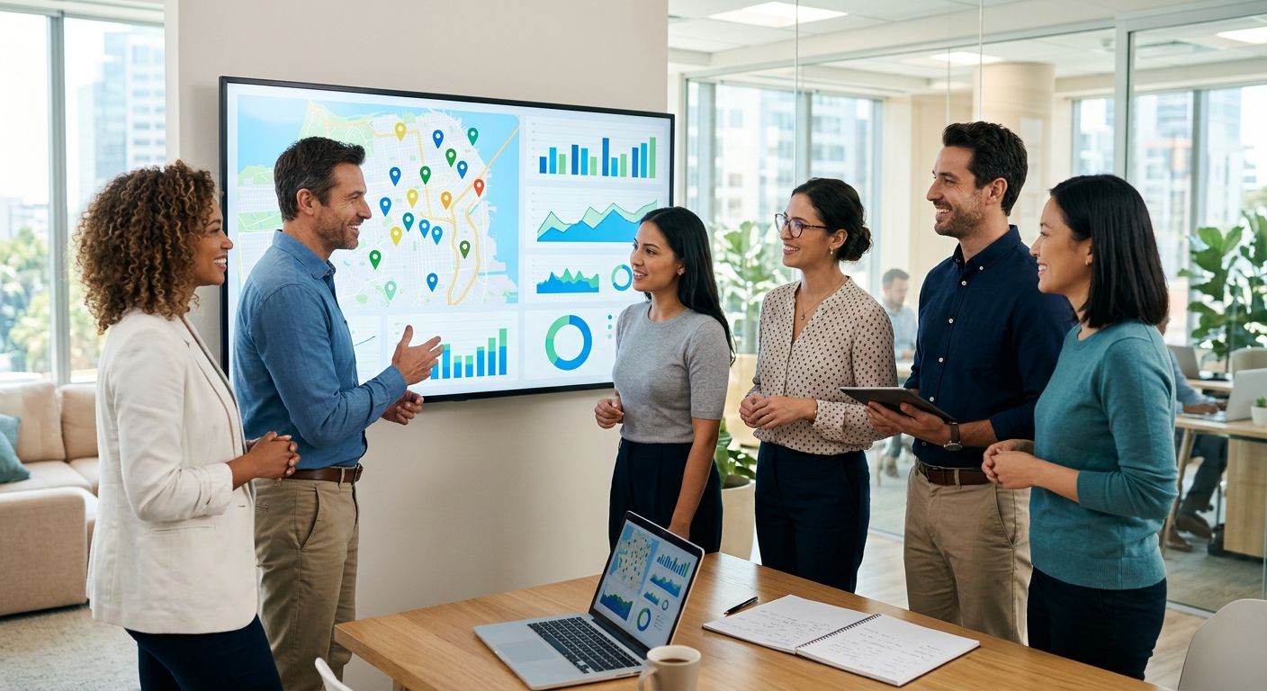 Diverse marketing team in a bright modern office gathered around a large screen showing a map with pins and SEO graphs for local client strategy