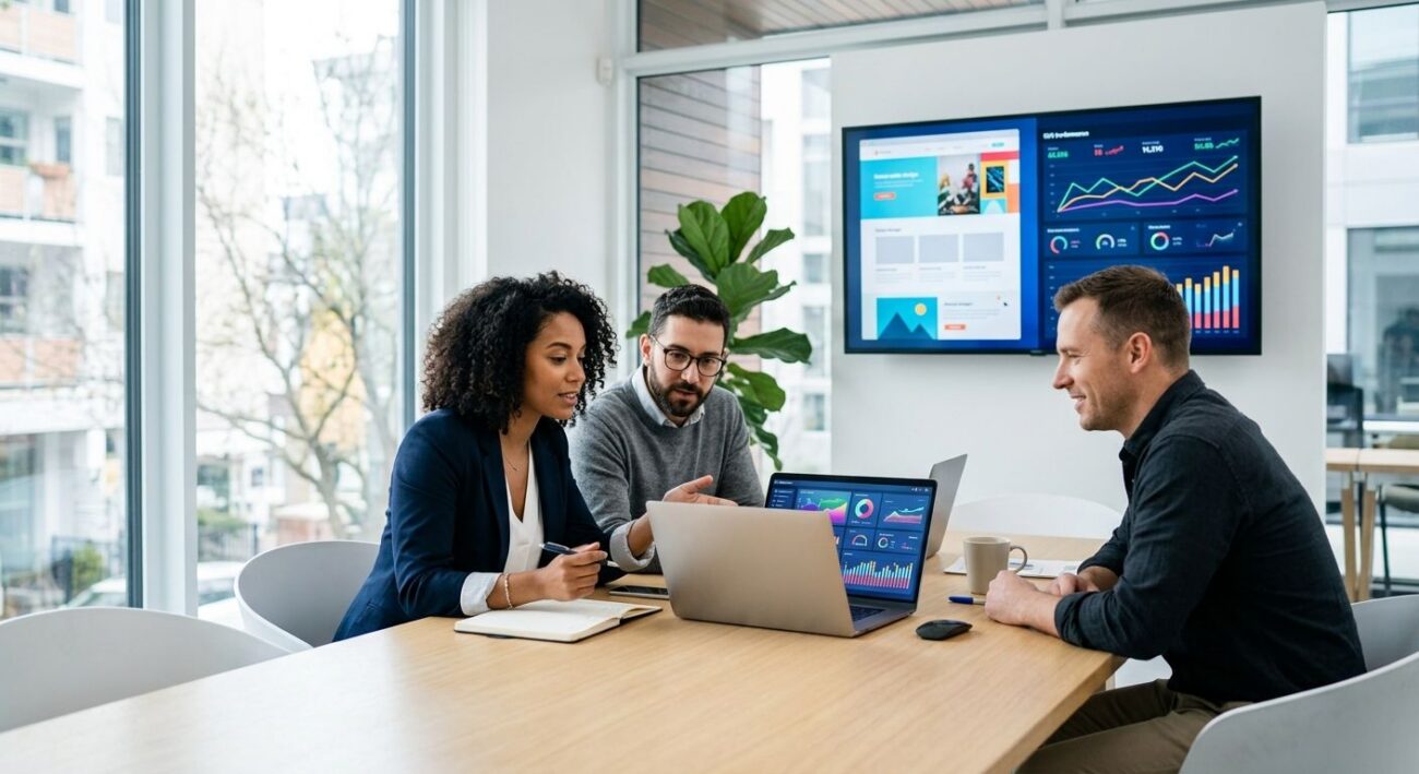 Three marketing consultants collaborating around a conference table in a bright modern office, reviewing an AI-driven SEO dashboard on a laptop while a wall monitor displays website mockups and SEO graphs