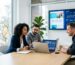 Three marketing consultants collaborating around a conference table in a bright modern office, reviewing an AI-driven SEO dashboard on a laptop while a wall monitor displays website mockups and SEO graphs