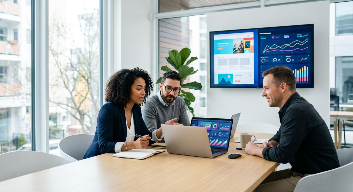 Three marketing consultants collaborating around a conference table in a bright modern office, reviewing an AI-driven SEO dashboard on a laptop while a wall monitor displays website mockups and SEO graphs