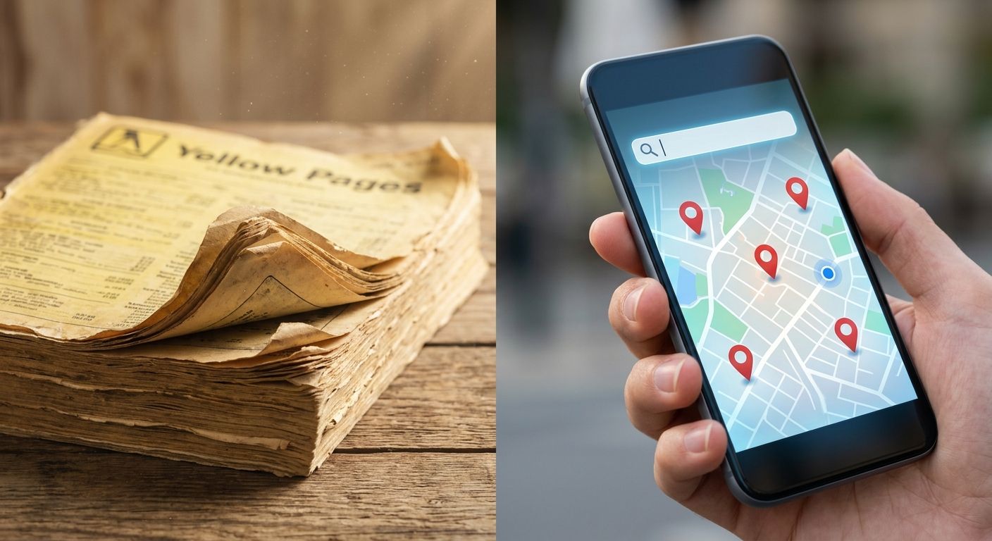 Split image contrasting a vintage Yellow Pages book on the left with a modern smartphone showing an AI-powered local map search with pins on the right, representing the evolution from traditional directories to AI-driven local search.