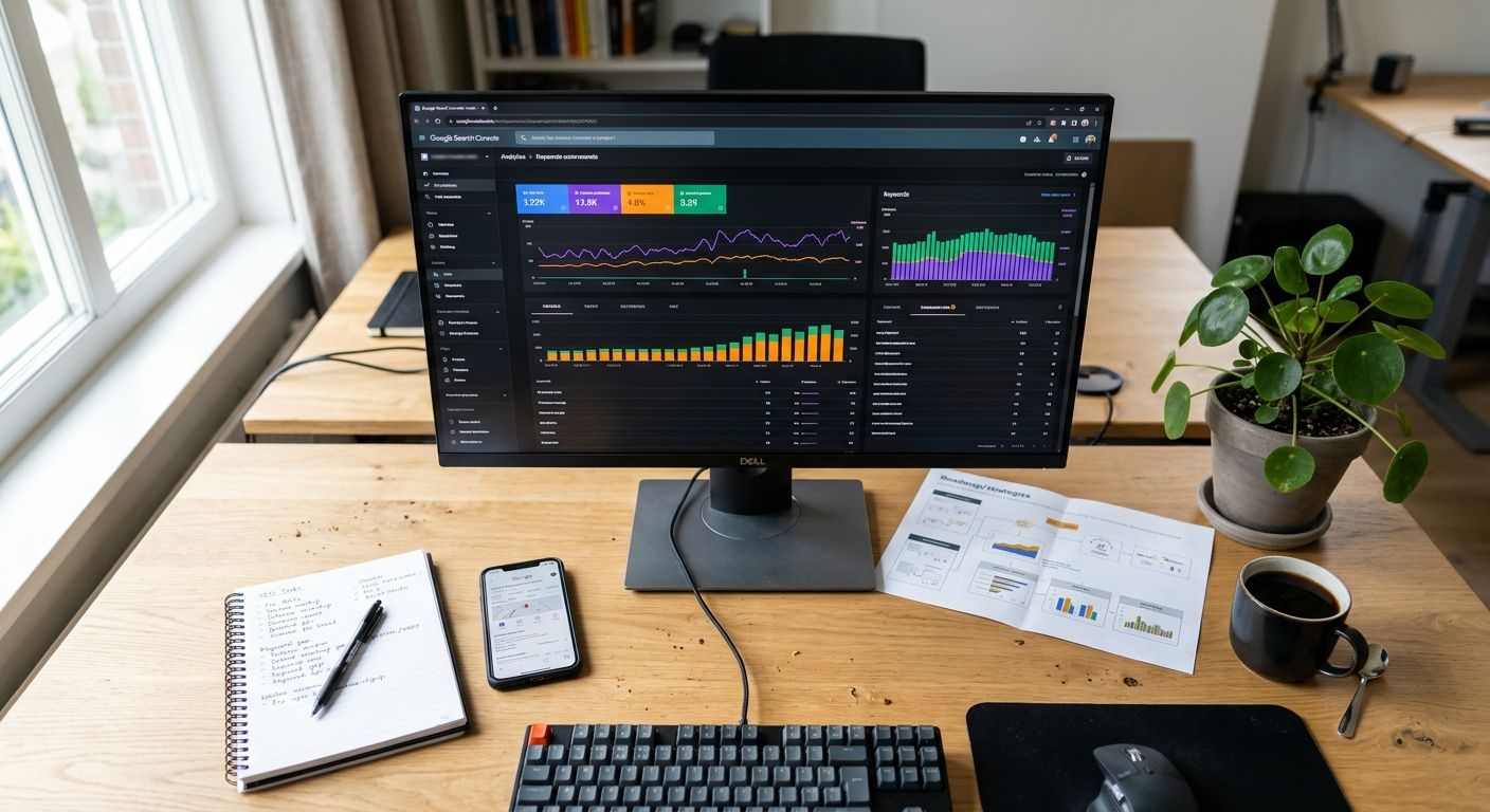 Overhead view of a modern workspace with SEO monitoring tools and a roadmap for strategic planning.
