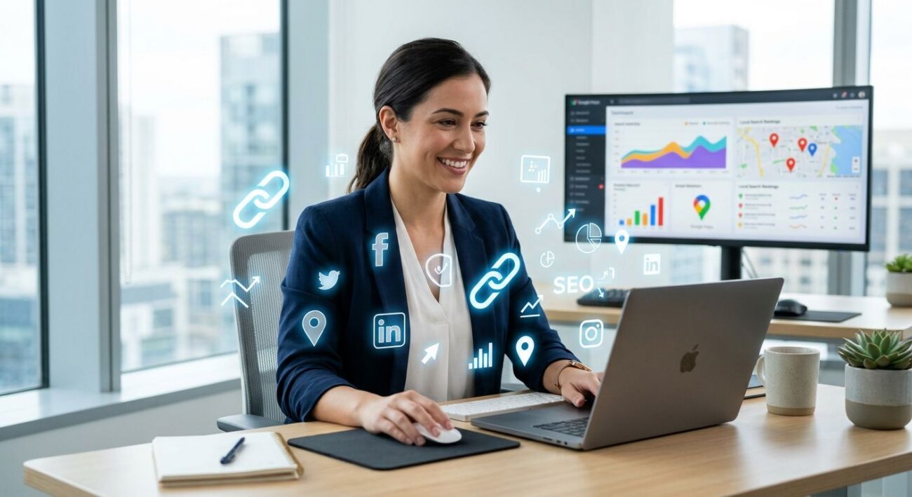 Digital marketing strategist working at modern desk with holographic icons of backlinks, social media, and map pins, dashboard with local SEO graphs in background