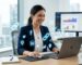 Digital marketing strategist working at modern desk with holographic icons of backlinks, social media, and map pins, dashboard with local SEO graphs in background