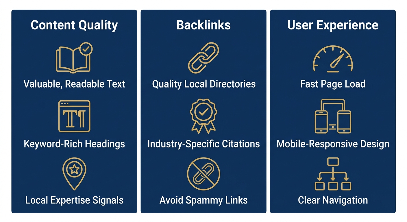 Infographic with three columns: Content Quality with book, heading, map pin icons; Backlinks with link, badge, crossed link icons; User Experience with speedometer, phone/tablet, sitemap icons.