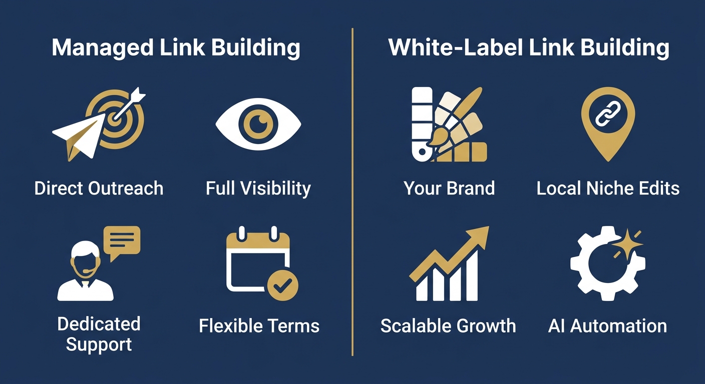 Comparison infographic between Managed Link Building and White-Label Link Building options, showing four features per option with icons and labels on navy background with gold divider.