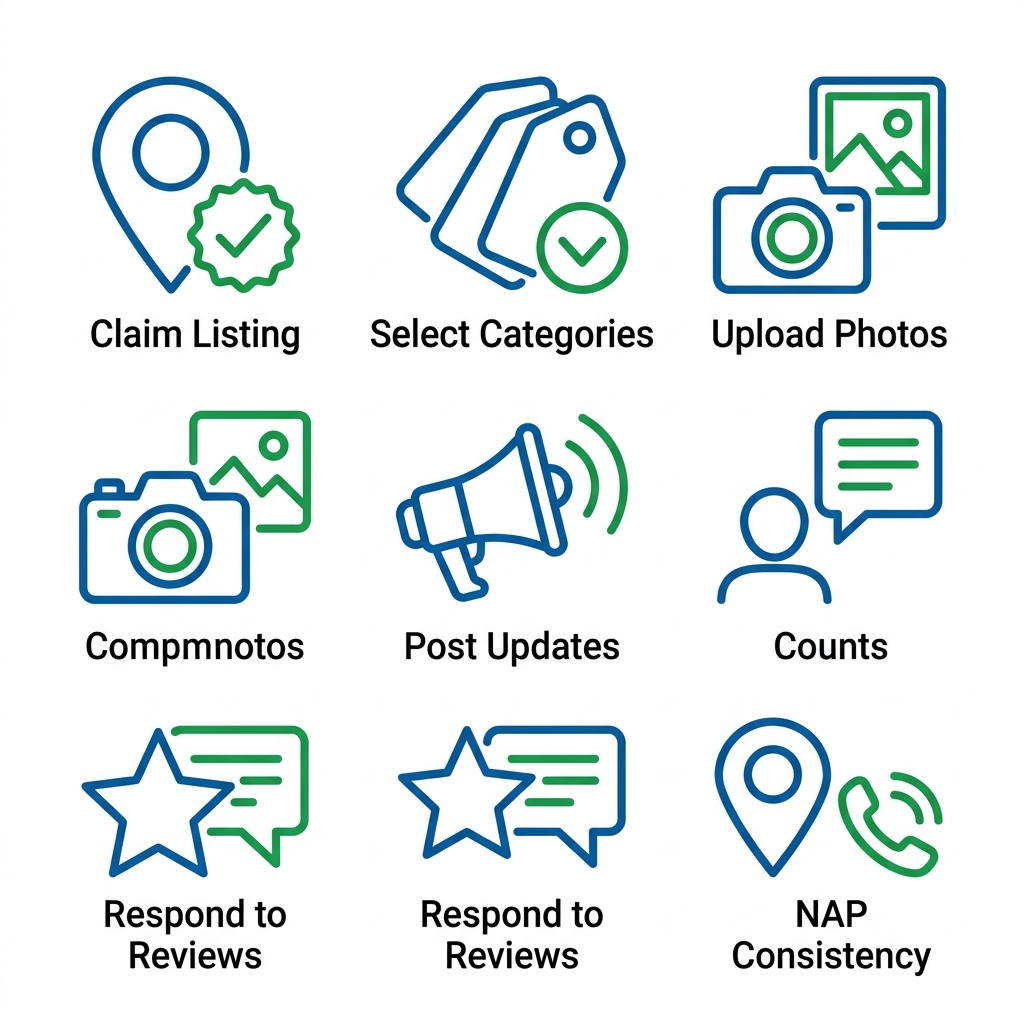 Six flat vector icons on a white background in brand blue and green, showing a map marker with check badge, three overlapping tags, camera and gallery, megaphone with waves, star with chat bubble, and location pin with phone, each labeled with the corresponding step for Google Business Profile optimization.