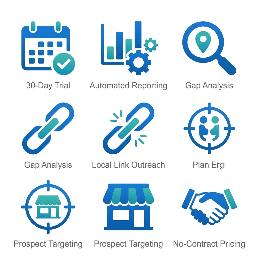 Six icons representing local SEO strategies: 30-Day Trial, Automated Reporting, Gap Analysis, Local Link Outreach, Prospect Targeting, and No-Contract Pricing, in a 2x3 grid.