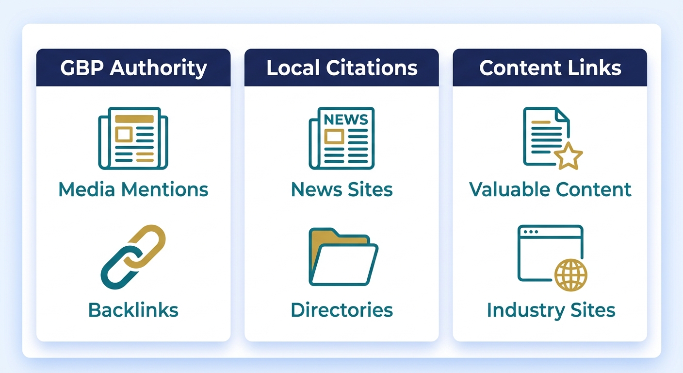 Infographic illustrating digital PR and link building for local SEO: three columns for GBP Authority, Local Citations, and Content Links with corresponding icons and labels.