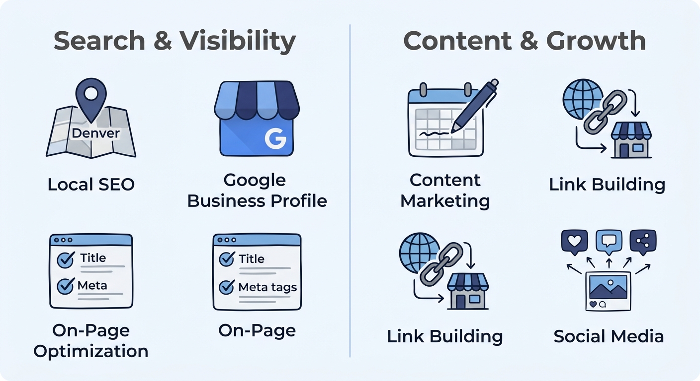 Infographic with two columns listing SEOLocal Denver marketing services: Search & Visibility with Local SEO, Google Business Profile, and On-Page Optimization icons, and Content & Growth with Content Marketing, Link Building, and Social Media icons on a white background with soft blue accents.